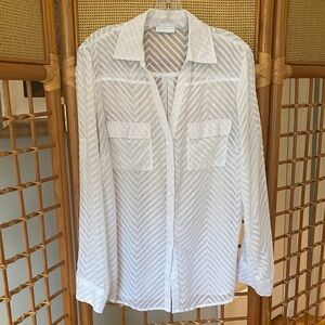New York & Company White Chevron Button Down Shirt